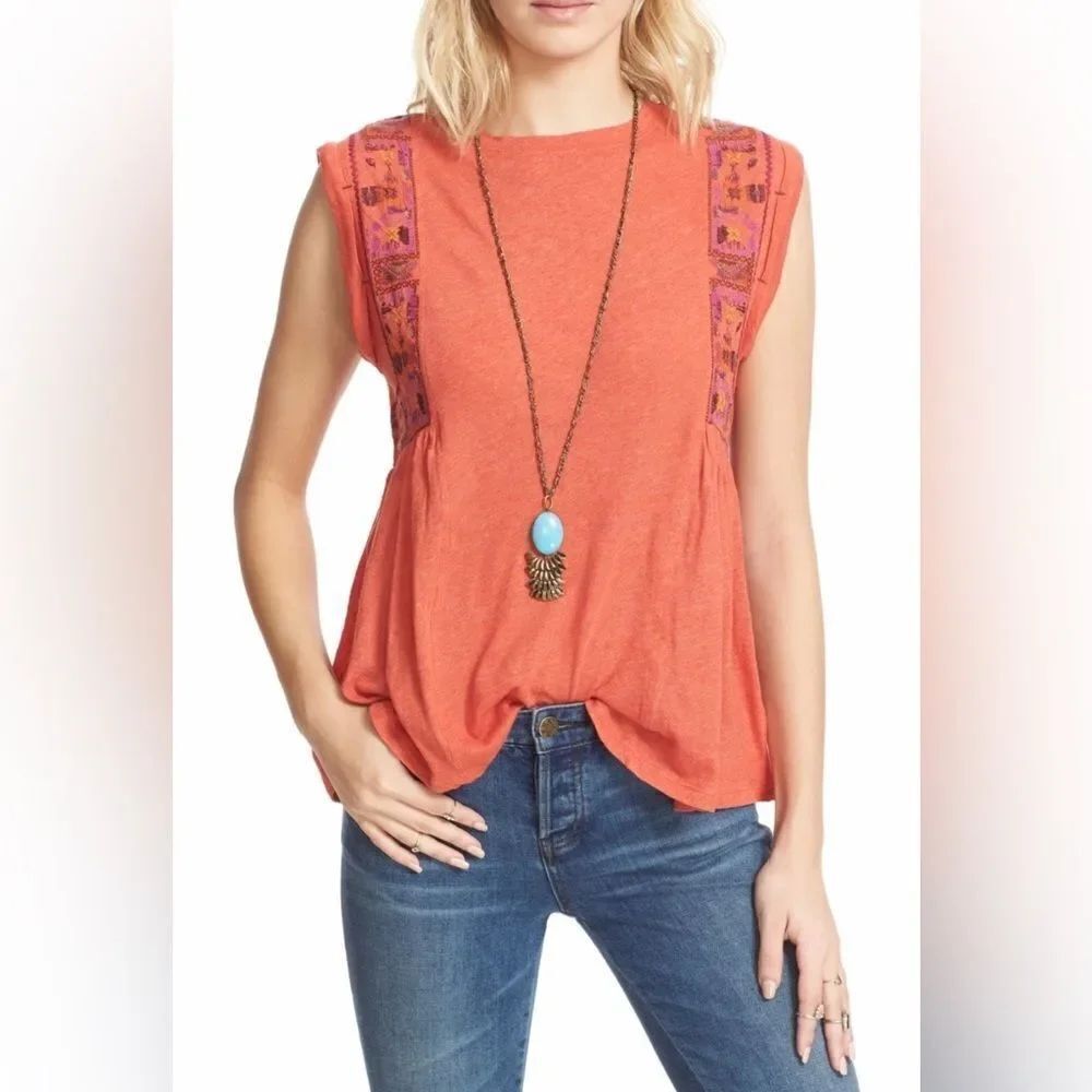 FREE PEOPLE Sz small MARCY EMBROIDERED SLEEVELESS TANK TOP IN RED ORANGE